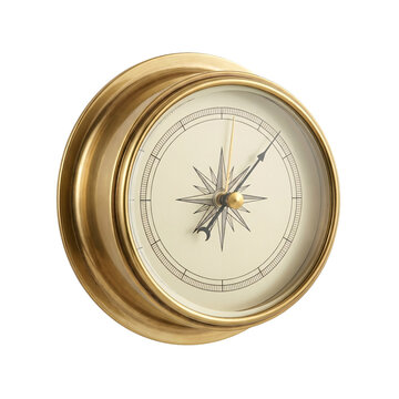 Brass aneroid barometer with a round polished case, a glass cover and a cream dial with a compass-like star and a black pointer, isolated on transparent background