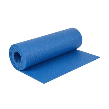 Blue textured foam yoga mat rolled up with the loose end unrolled in front, plain with no text, isolated on transparent background