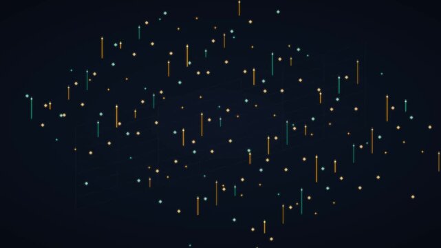 Isometric financial data grid with glowing market chart graphs, rising economic stock indicators, and digital analytics coordinates, modern corporate fintech business intelligence backdrop