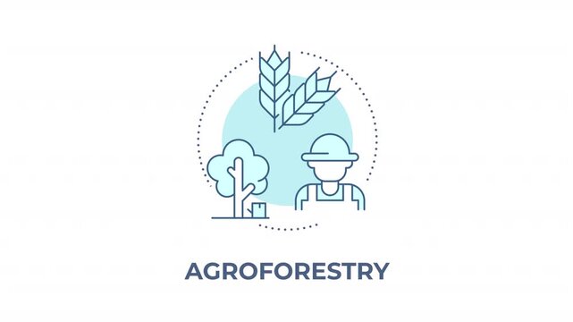 Agroforestry animated animated monochrome cyan concept icon. Sustainable land management practices. Climate resilient food production systems. Minimalist blue line animation. Circular motion graphic