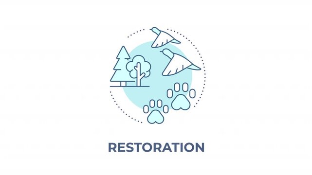 Restoration animated animated monochrome cyan concept icon. Scaling up ecosystem recovery. Safeguarding vital animal habitats. Minimalist blue line animation. Circular motion graphic