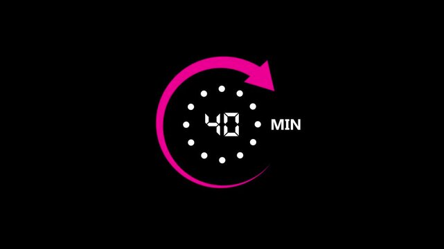 pink color circle arrow refresh icon and 40 min timer icon 4k animation on black screen.