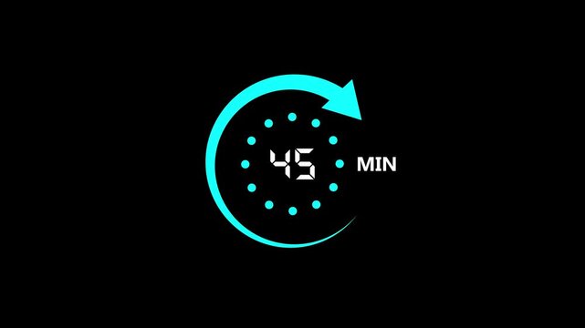 cyan color circle arrow refresh icon and 45 min timer icon 4k animation on black screen.