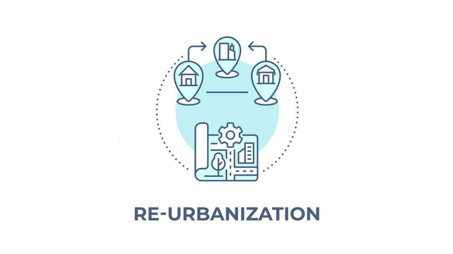 Re urbanization animated animated monochrome cyan concept icon. Smart city planning paradigm. Modernizing infrastructure framework. Minimalist blue line animation. Circular motion graphic