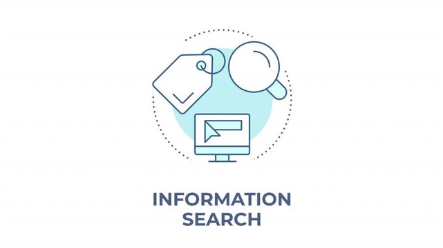 Information search animated animated monochrome cyan concept icon. Data exploration and retrieval. Consumer intent tracking. Minimalist blue line animation. Circular motion graphic