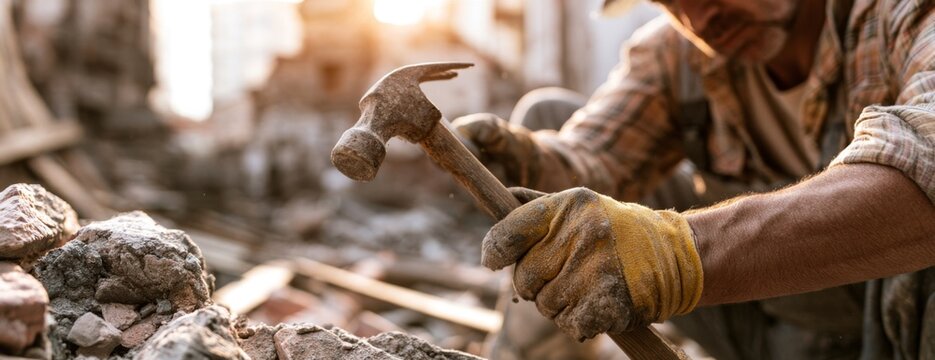 Worker using a hammer at a construction site among rubble debris  