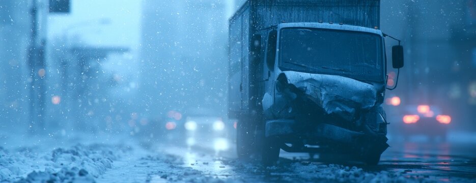 Wrecked truck on a snowy street during a winter storm  