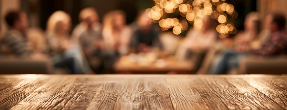 Family and friends relaxing together during Christmas holiday gathering, blurred banner with copy space  