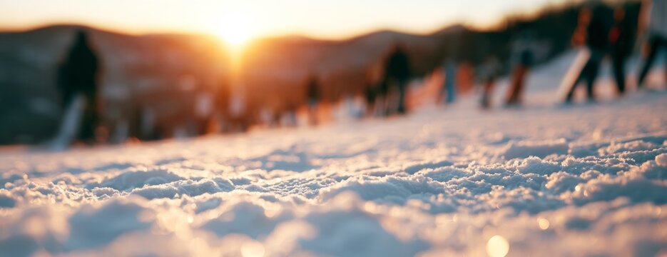 Ski resort with skiers and snowboarders enjoying sunset in winter  