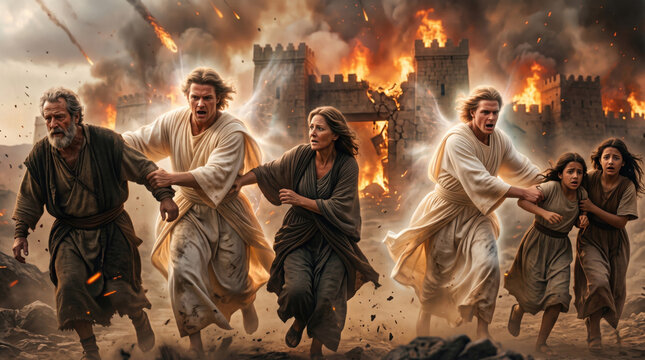 Biblical scene of Genesis 19, Lot's family fleeing the destruction of Sodom led by two divine angels, ancient city burning with sulfur rain, cinematic historical film still, dramatic fire lighting