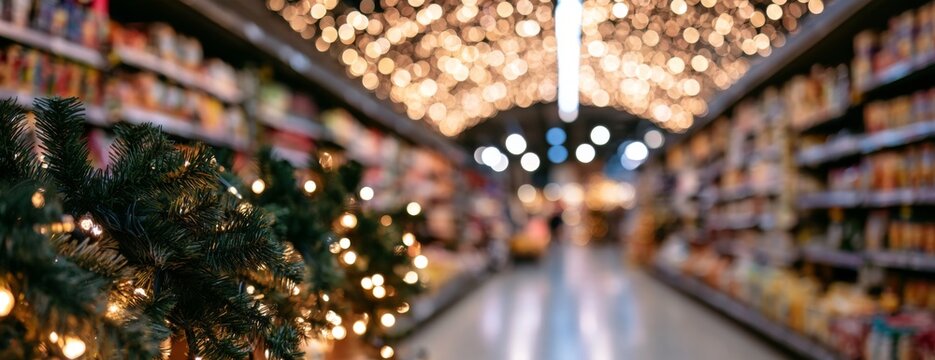 Christmas-themed grocery store aisle with festive lights and decorations, blurred photo  
