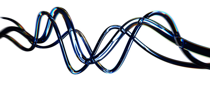 Spiral glass wave lines, glitter crystal 3d tubes with neon blue gold gradient glow on dark render background. Dynamic vortex flow, abstract water splashes, flowing curved ribbons