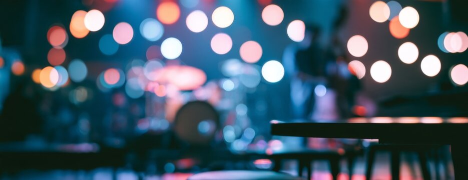 Blurred photo of a live music venue with colorful stage lights  