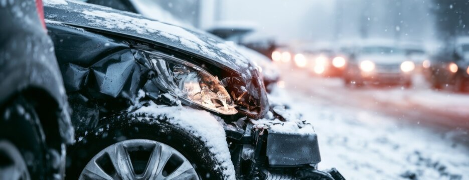 Car accident on a snowy road with damaged front end  