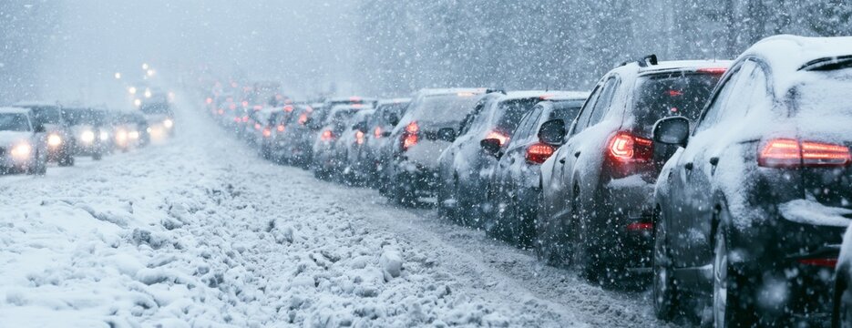 Cars stuck in a traffic jam during heavy snowfall on a winter road  