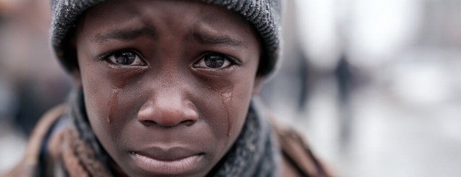 Black child boy with tears in a winter street setting  