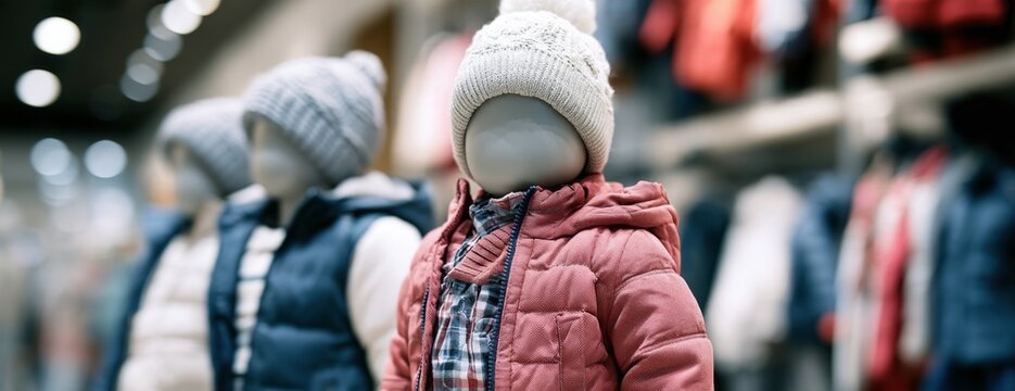 Child mannequins displaying winter jackets and hats in a clothing store  