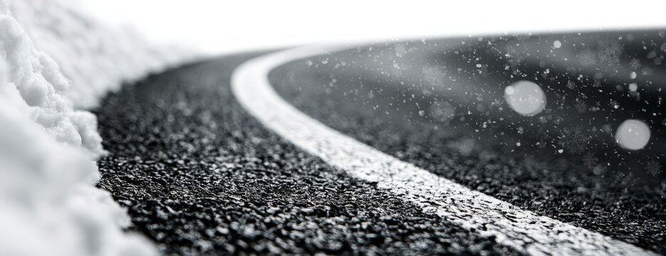 Curved asphalt road covered in snow with a white lane marking  