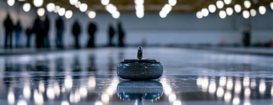 Curling stone sliding on ice in an indoor stadium with spectators  