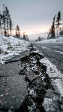 Cracked winter road with snow and trees at sunset, vertical photo  