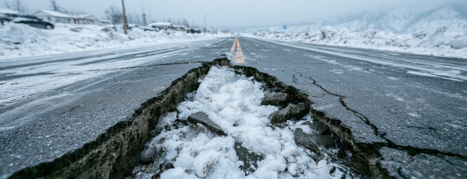 Cracked winter road covered in snow with distant snow-covered landscape  