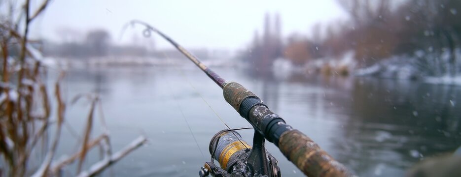 Fishing rod by a winter lake with snow in a serene landscape  