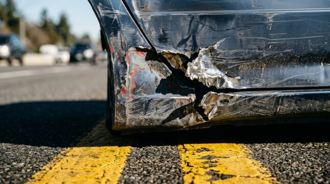 A close-up view showing severe damage from a car crash road accident on the dark side panel and bumper of a vehicle parked near yellow road lines on a paved street during the day