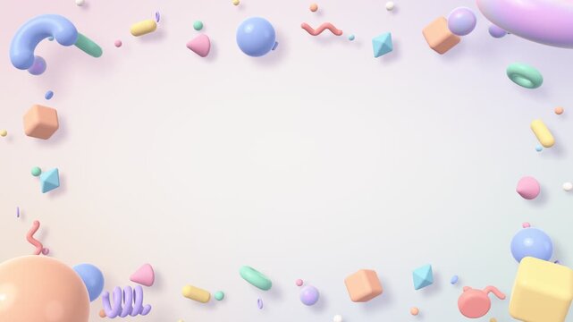 Pastel 3d geometric shapes flowing clockwise around frame edges with empty center copy space