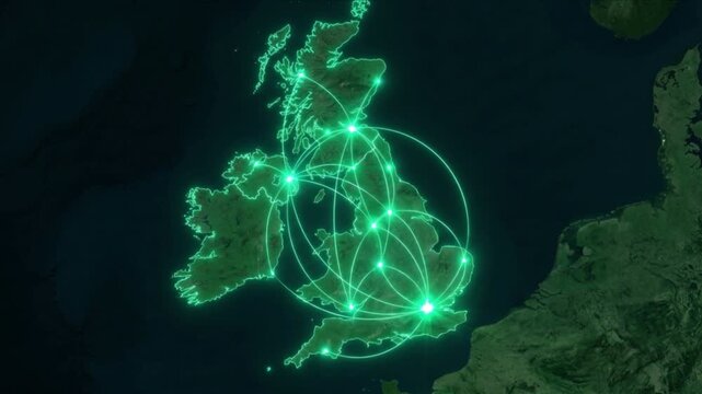 衛星視点のイギリス全域に広がる光の量子通信ネットワークと地域境界線