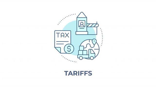 Tariffs animated animated monochrome cyan concept icon. Global market trade restrictions. Import export fiscal policy. Cross border logistics. Minimalist blue line animation. Circular motion graphic