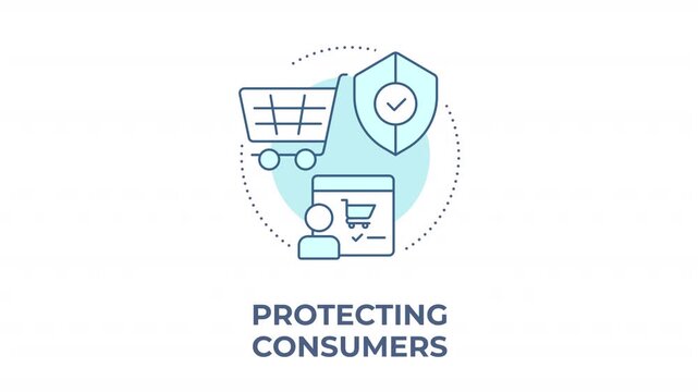 Protecting consumers animated animated monochrome cyan concept icon. Digital marketplace security. Modern commerce ethics. Retail experience. Minimalist blue line animation. Circular motion graphic