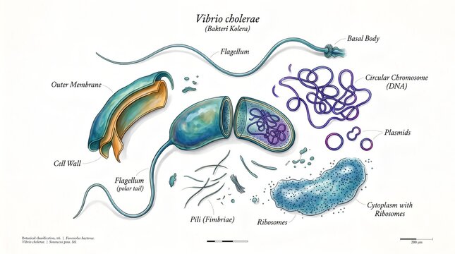 Detailed anatomy of Vibrio cholerae bacterium in a scientific diagram for education