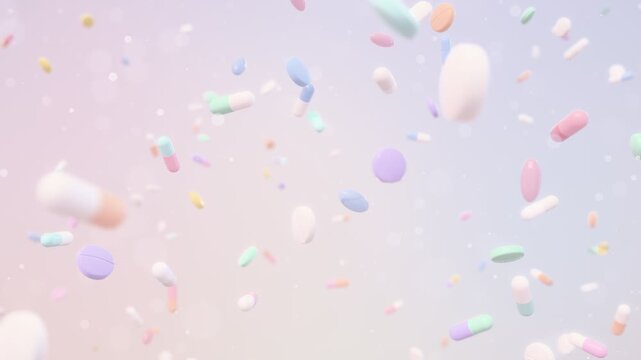 White and Pastel Pills Capsules Tablets and Softgels Falling in Slow Motion Seamless Loop