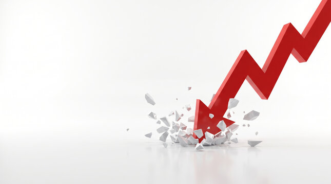 Red arrow showing inflation impact economy with shattered glass. Financial crisis recession. stock price increase falling, bankruptcy risk loss, chart graph statistic