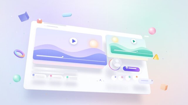 Light 3d end screen template layout with video placeholders and floating shapes
