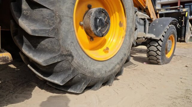 Close view of large tires on a parked backhoe loader in direct daylight, Heavy construction vehicle stands on sandy ground at a work site outdoors