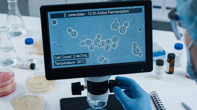 Microscope monitor displays budding yeast cells during active fermentation in a laboratory. Microbiology research and cell analysis. Biotechnology, fermentation science and laboratory