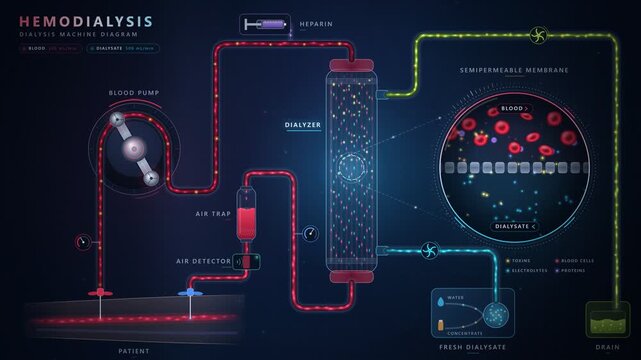 Hemodialysis Machine Diagram Animation Blood Pump Dialyzer Semipermeable Membrane Diffusion Dialysate Circuit Loop