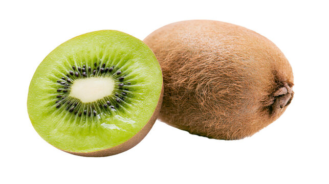 Fresh whole kiwi fruit and a sliced half showing green flesh and black seeds