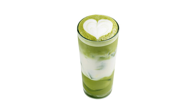 Iced matcha green tea latte with heart shaped milk foam in a tall glass