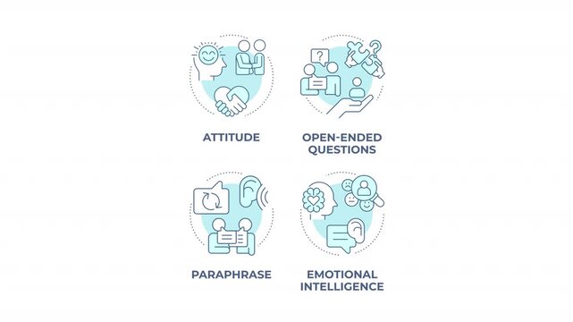 Interpersonal skills development animated monochrome cyan concept icon set. Empathy driven leadership strategies. Workplace communication. Minimalist blue line animation pack. Circular motion graphics