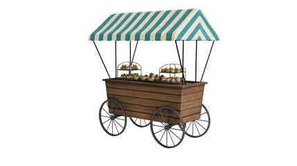Wooden food cart with striped awning and tiered display shelves of small pastries © Fraser