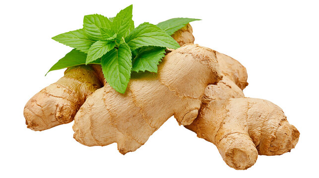 Fresh raw ginger root rhizomes with vibrant green mint leaves