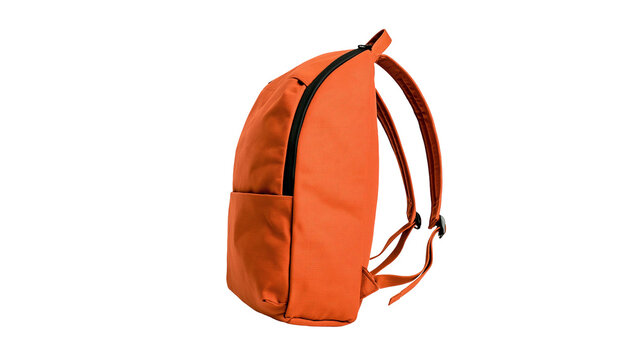Vibrant orange fabric backpack with black zipper and adjustable shoulder straps