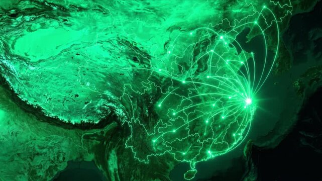 衛星視点の中国全土に広がる光の量子通信ネットワークと行政境界線