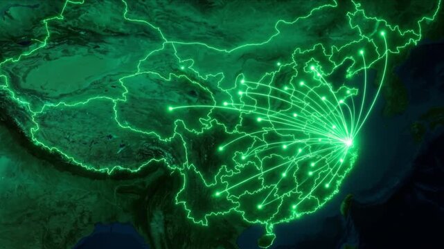 衛星視点の中国全土に広がる光の量子通信ネットワークと行政境界線