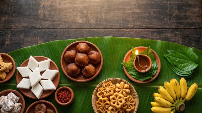 Traditional Sinhala and Tamil New Year sweets kavum and kokis on banana leaf with clay oil lamp