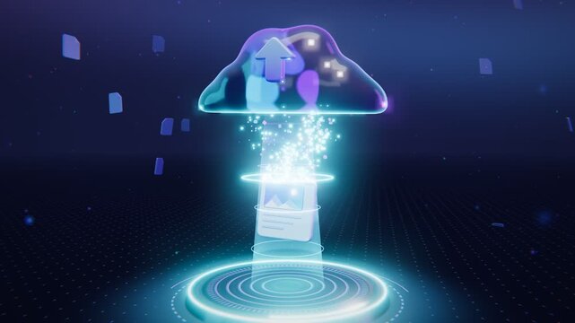 3D File Upload Animation Glossy Document Dissolving Into Data Particles Flowing To Glass Cloud Loop 4K
