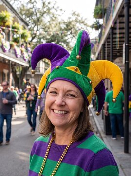 Adult woman smiling in colorful Mardi Gras jester hat on street  