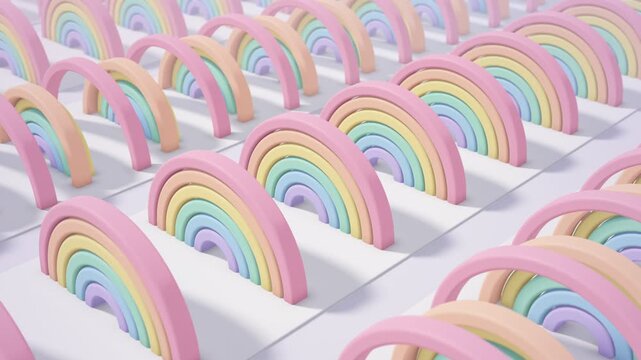 pastel rainbow arches sliding and nesting rhythmically in 3d soft clay rows seamless loop